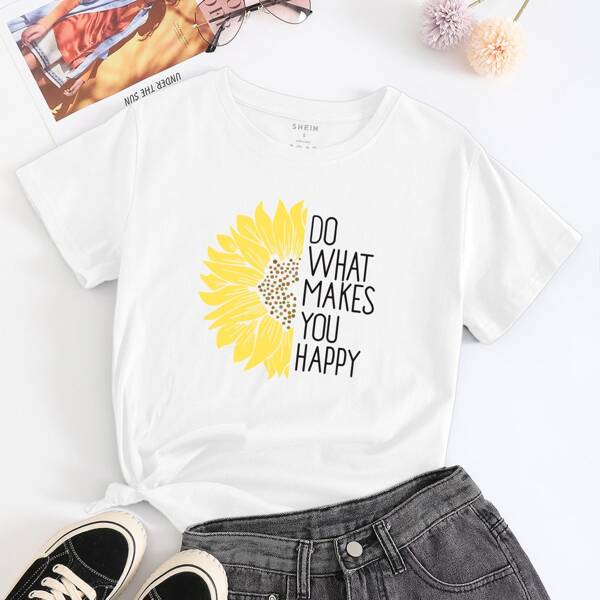 

Sunflower And Slogan Graphic Tee, White