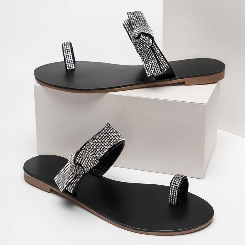 

Rhinestone Strap Toe Ring Slide Sandals, Black