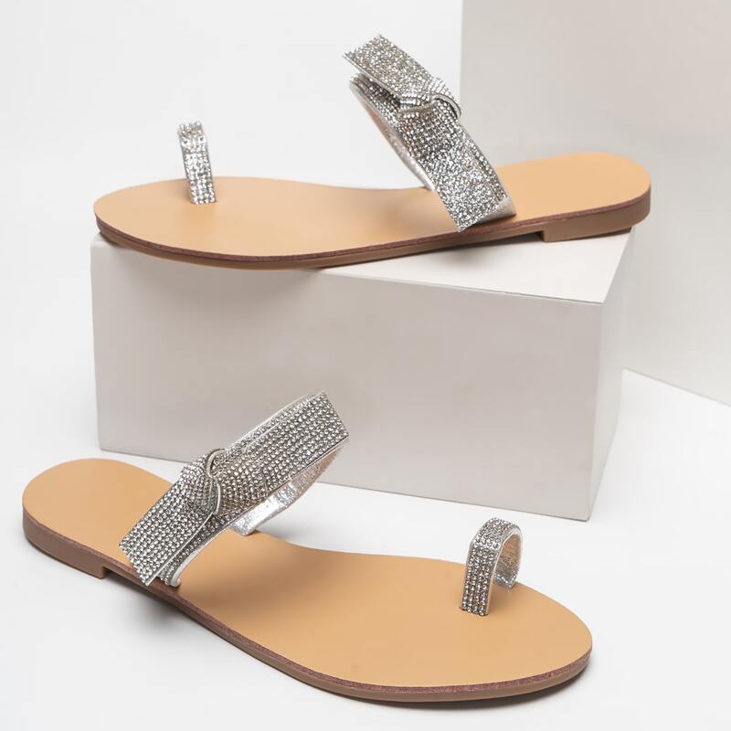 

Rhinestone Strap Toe Ring Slide Sandals, Silver