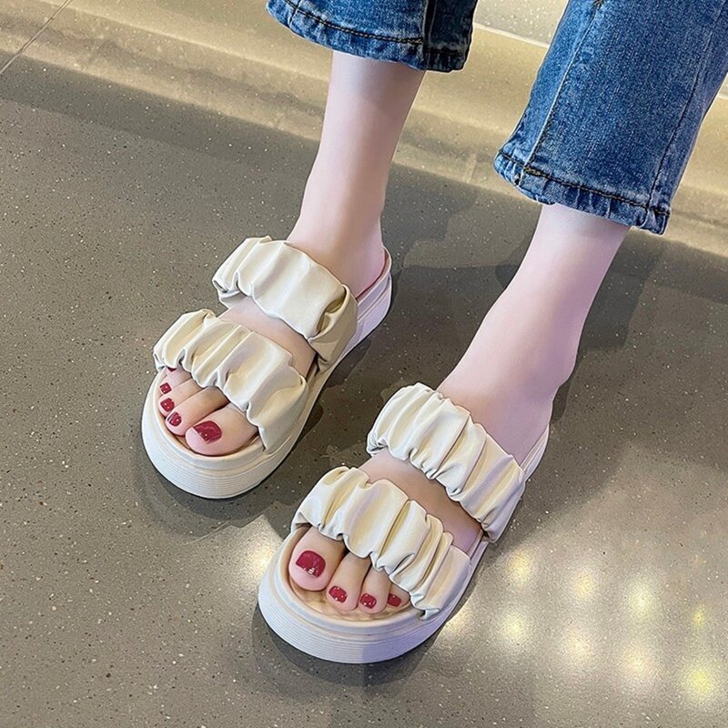 

Ruched Strap Flatform Slide Sandals, Beige