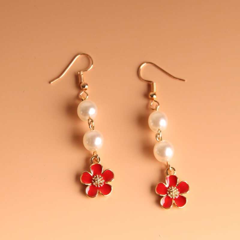 

Flower Drop Earrings, Red