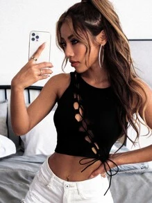 SHEIN Unity Lace Up Detail Tank Top - Black - View 1