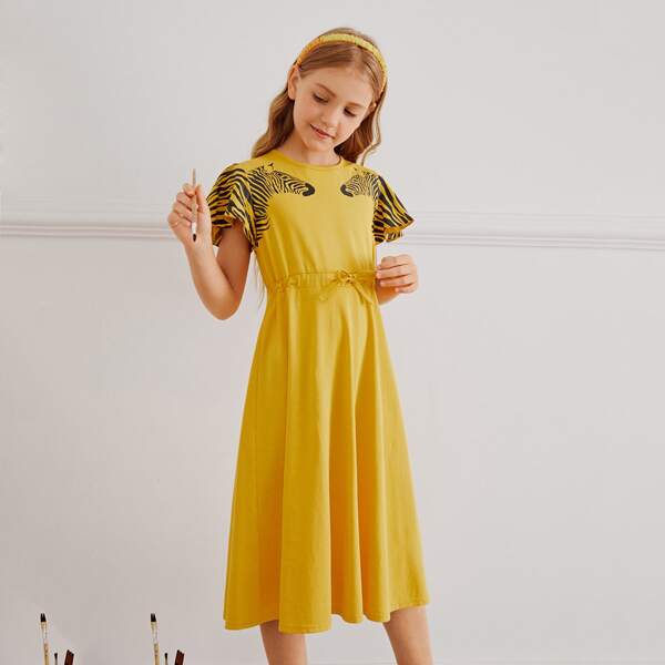 

Girls Zebra Print Flutter Sleeve Drawstring Waist Dress, Mustard yellow