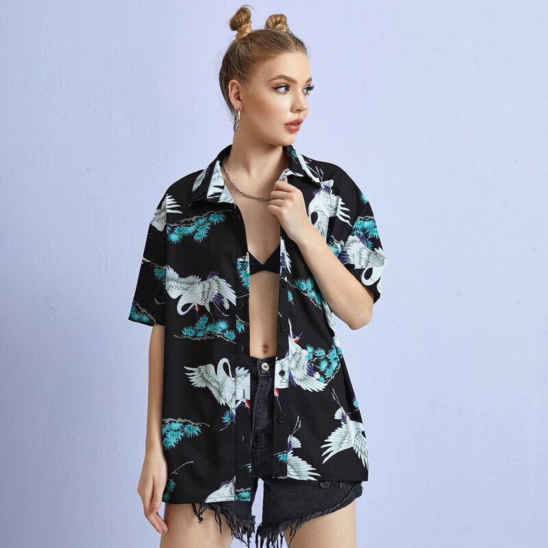 

Crane Print Button Front Shirt, Black