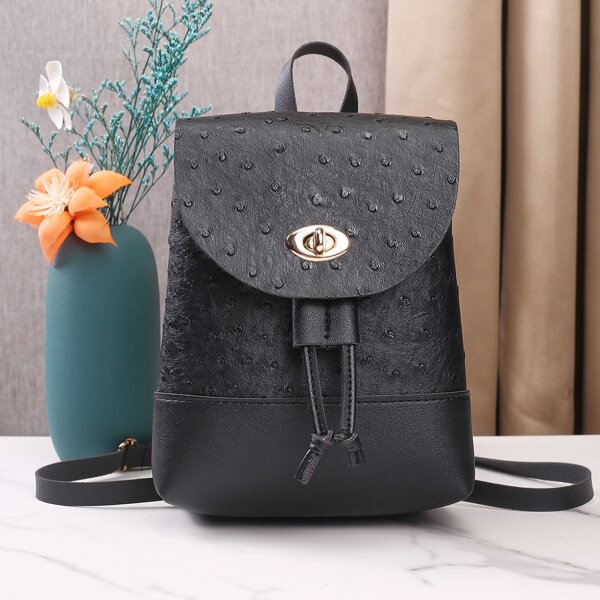 

Twist Lock Ostrich Embossed Flap Backpack, Black