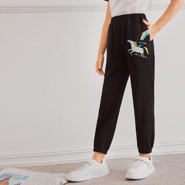 

Girls Unicorn Print Joggers, Black