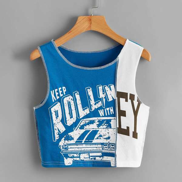 

Plus Letter And Car Print Tank Top, Blue