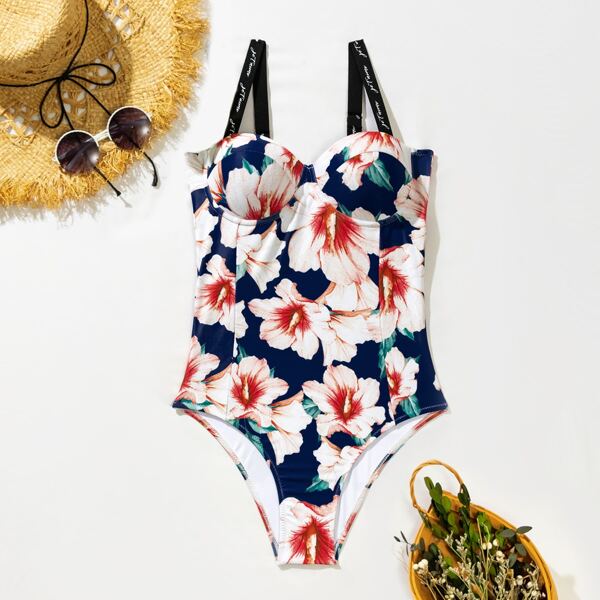 

Floral Random Print Underwire One Piece Swimsuit, Multicolor