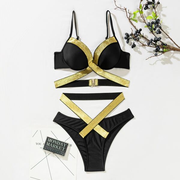 

Glitter Tape Push Up Bikini Swimsuit, Black