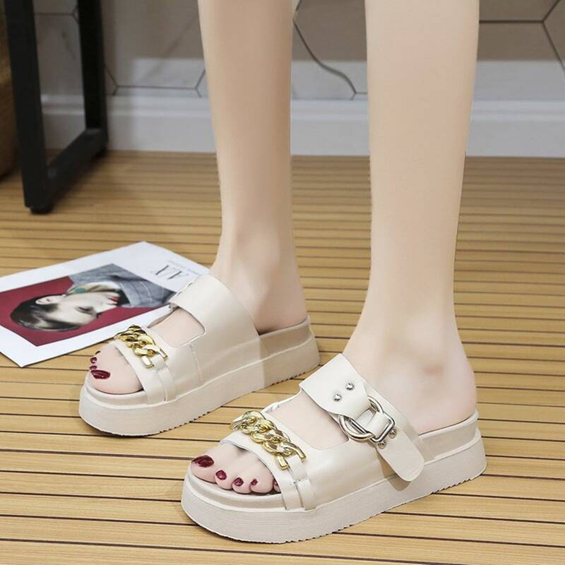 

Buckle & Chain Strap Flatform Slide Sandals, Beige