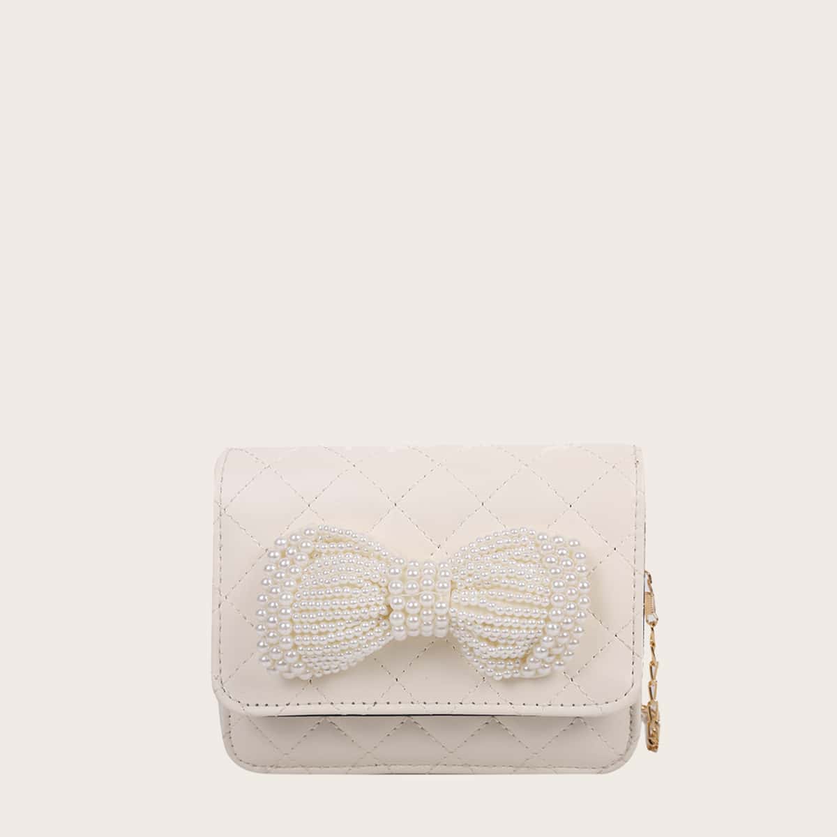 

Faux Pearl Bow Quilted Crossbody Bag, White