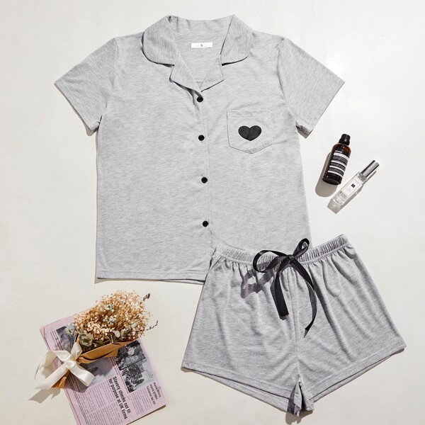 

Heart Print Button Front Pajama Set, Grey