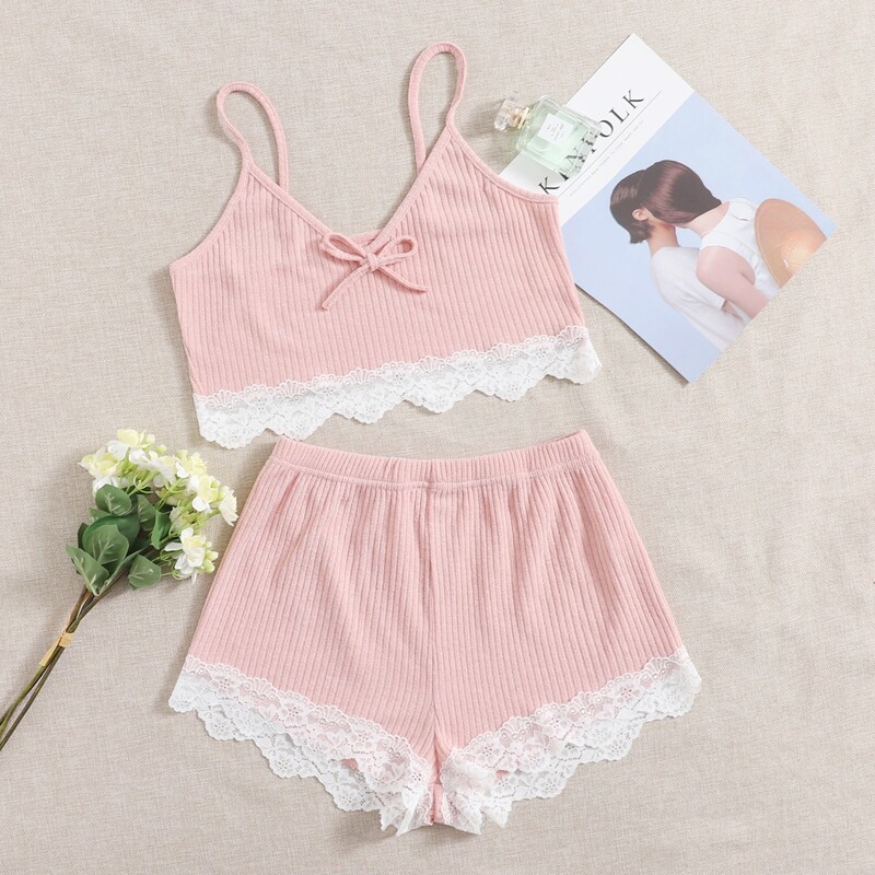 

Contrast Lace Bow Front Ribbed Cami PJ Set, Baby pink