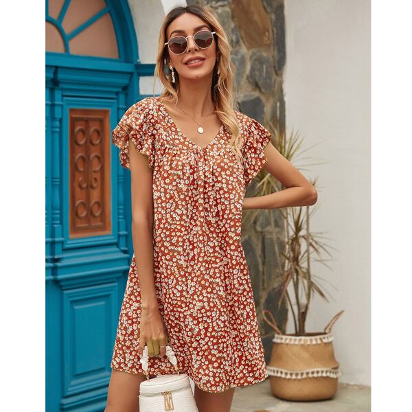 

Ditsy Floral V Neck Tunic Dress, Multicolor