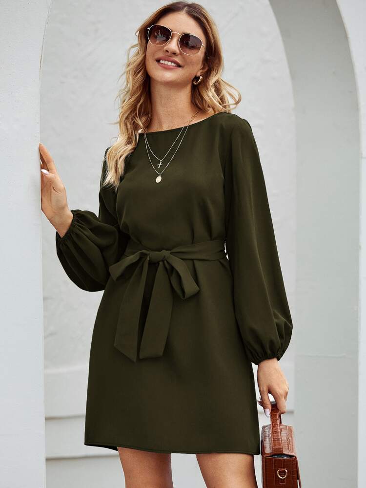 Boat neck bishop sleeve belted dress Clearance