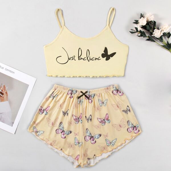 

Plus Butterfly Print Lettuce Trim Cami Pajama Set, Apricot