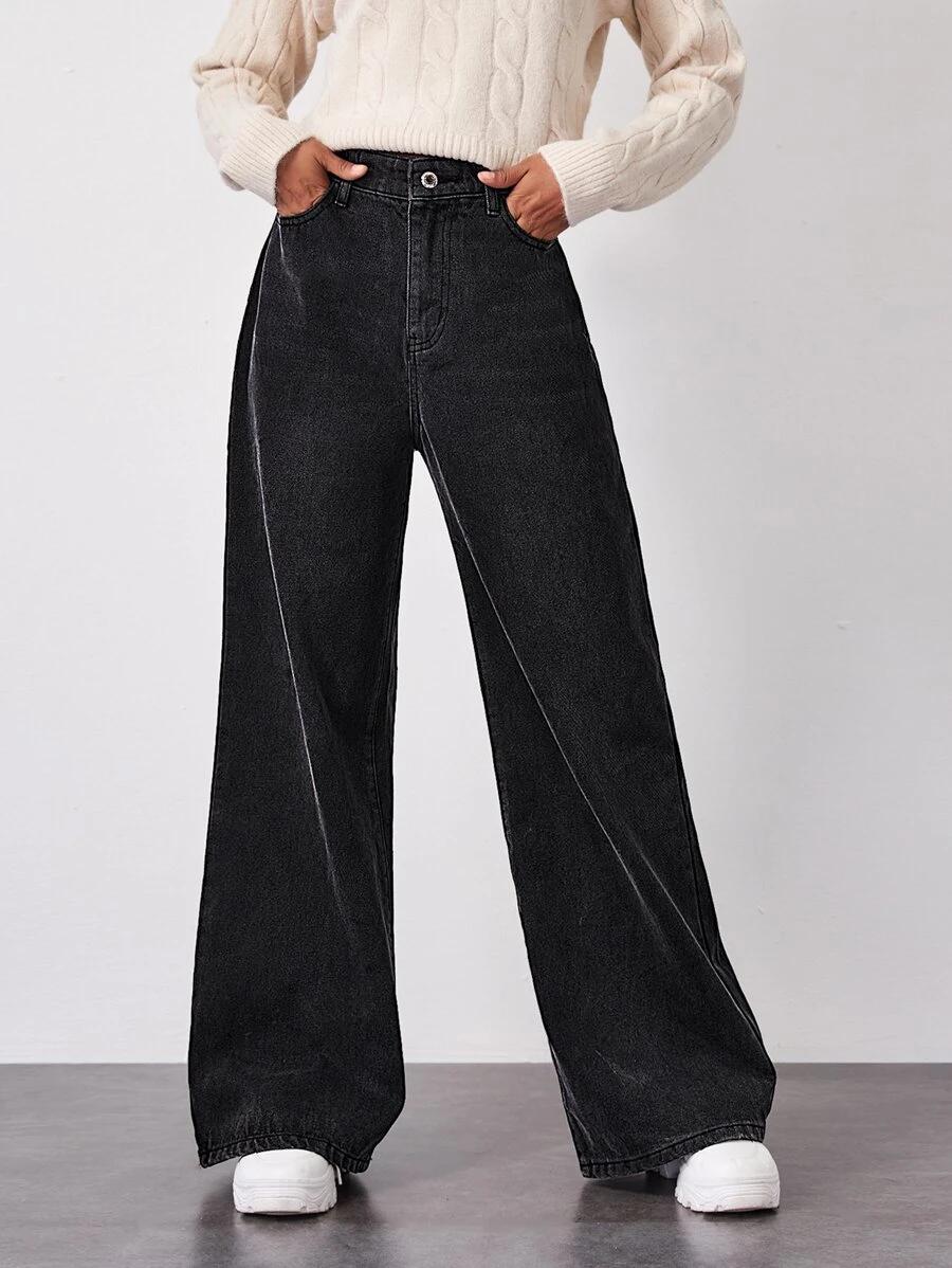 High Waisted Solid Baggy Jeans - Black - View 1