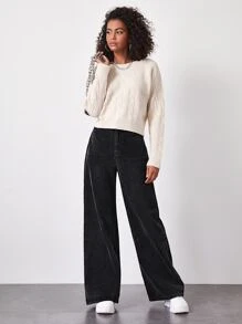 High Waisted Solid Baggy Jeans - Black - View 3