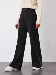 High Waisted Solid Baggy Jeans - Black - View 4
