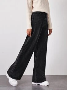 High Waisted Solid Baggy Jeans - Black - View 5