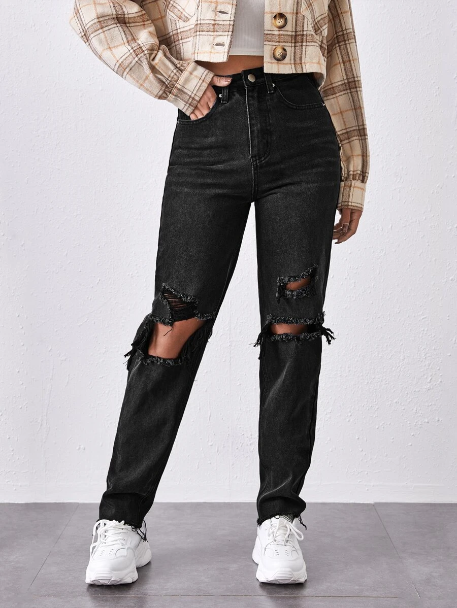 High-Waisted Ripped Mom Jeans - Black - View 1