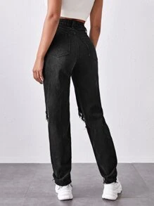 High-Waisted Ripped Mom Jeans - Black - View 2
