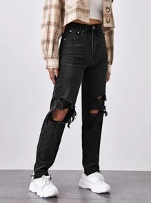 High-Waisted Ripped Mom Jeans - Black - View 4