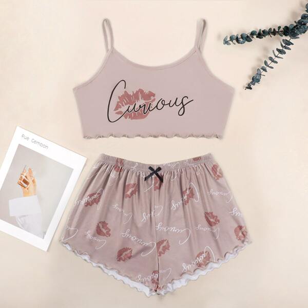 

Plus Letter And Lips Print Cami Pajama Set, Dusty pink