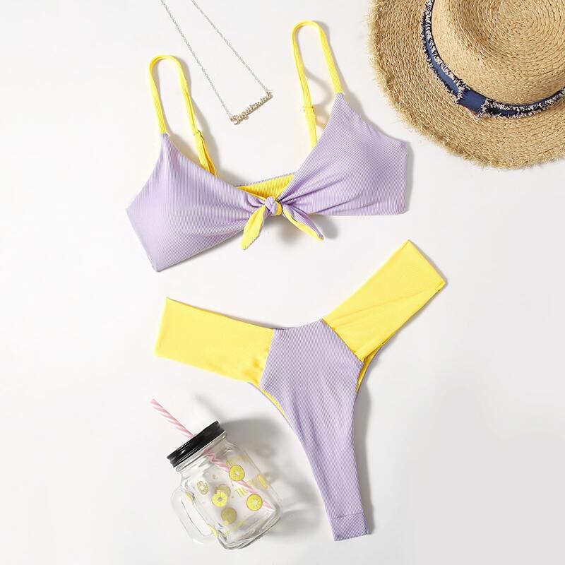 

Colorblock Knot High Cut Bikini Swimsuit, Multicolor