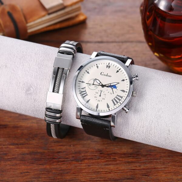 

1pc Men Round Pointer Quartz Watch & 1pc Bracelet