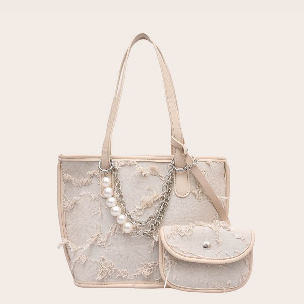 

Faux Pearl & Chain Decor Tote Bag, Beige