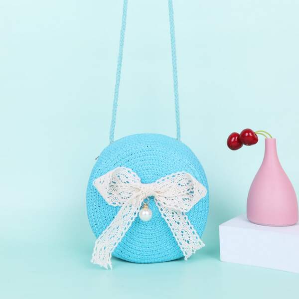 

Girls Applique Straw Circle Bag, Blue