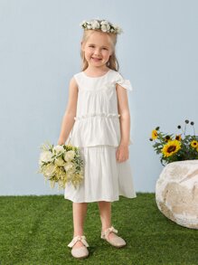 SHEIN Toddler Girls Bow Front  Frilled Layered Ruffle Hem Smock Dress - White - View 1