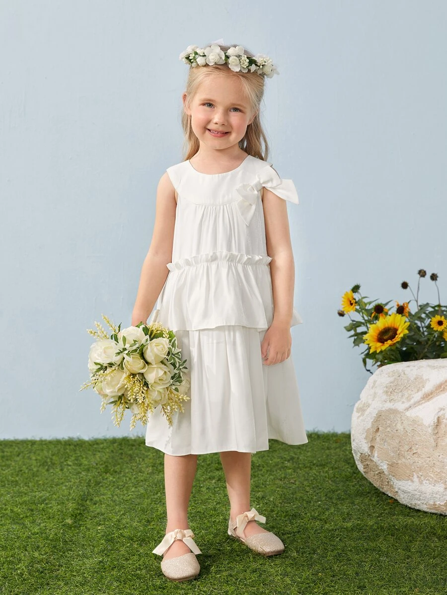 SHEIN Toddler Girls Bow Front  Frilled Layered Ruffle Hem Smock Dress - White - View 1