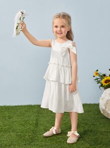 SHEIN Toddler Girls Bow Front  Frilled Layered Ruffle Hem Smock Dress - White - View 3