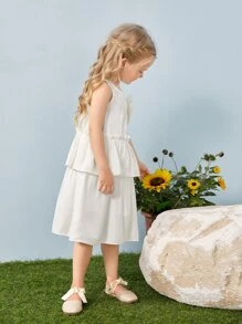 SHEIN Toddler Girls Bow Front  Frilled Layered Ruffle Hem Smock Dress - White - View 4