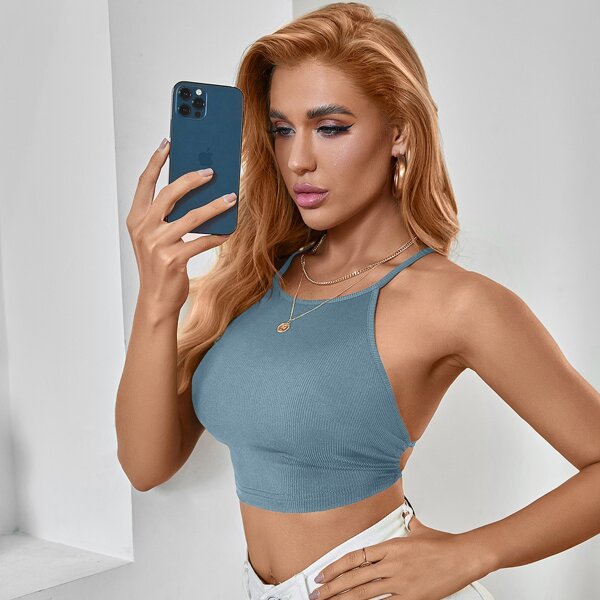 

Crisscross Tied Backless Rib-knit Top, Dusty blue