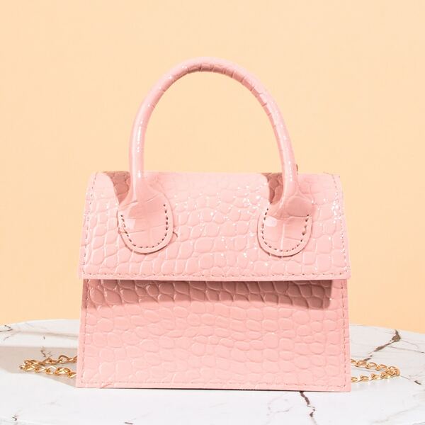 

Croc Embossed Flap Satchel Bag, Pink