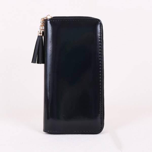 

Tassel Decor Zip Around Long Purse, Black
