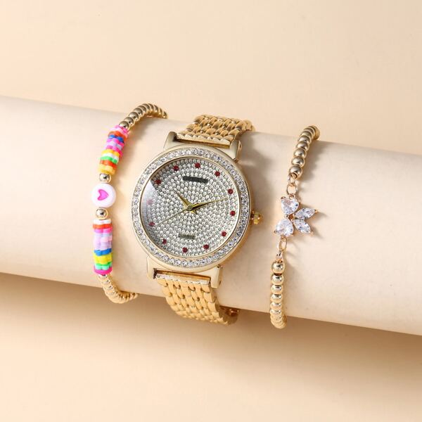 

1pc Rhinestone Decor Round Pointer Watch & 2pcs Bracelet