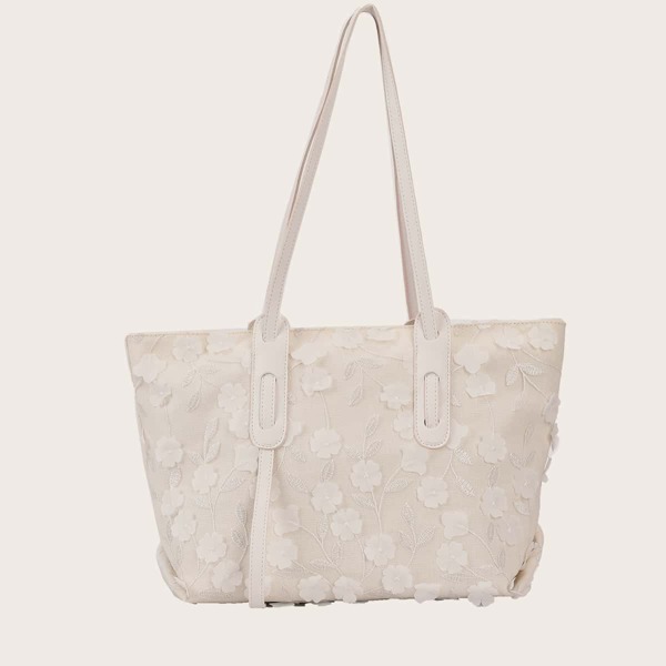 

Flower Appliques Canvas Tote Bag, Beige