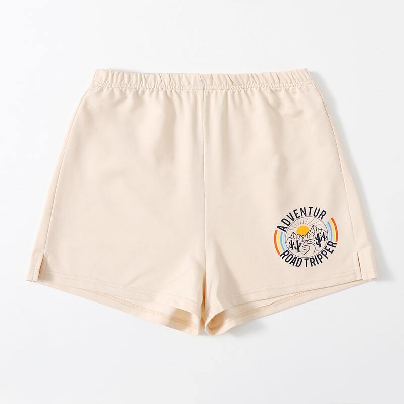 

Letter Graphic Split Shorts, Beige