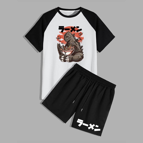 

Men Japanese Letter And Dinosaur Print Tee With Track Shorts, Black
