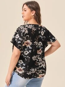 SHEIN LUNE 大碼繫帶領蝙蝠袖花卉上衣 - 黑色 - 查看 2