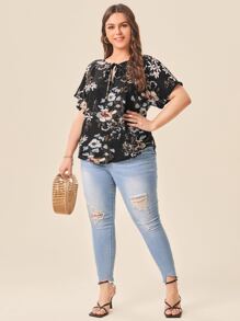 SHEIN LUNE 大碼繫帶領蝙蝠袖花卉上衣 - 黑色 - 查看 3