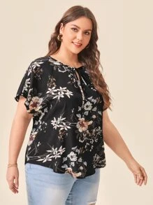 SHEIN LUNE 大碼繫帶領蝙蝠袖花卉上衣 - 黑色 - 查看 5