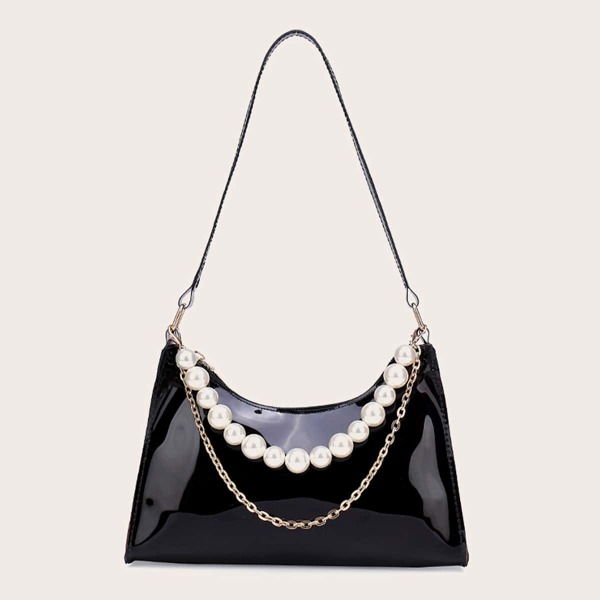 

Faux Pearl & Chain Decor Shoulder Bag, Black