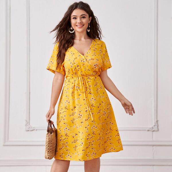 

Plus Ditsy Floral Surplice Front Belted Dress, Yellow