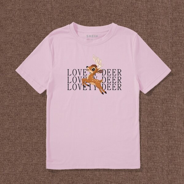 

Cartoon Deer & Letter Graphic Tee, Dusty pink