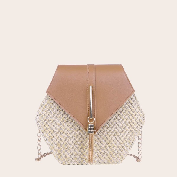

Tassel Decor Two Tone Bag, Brown